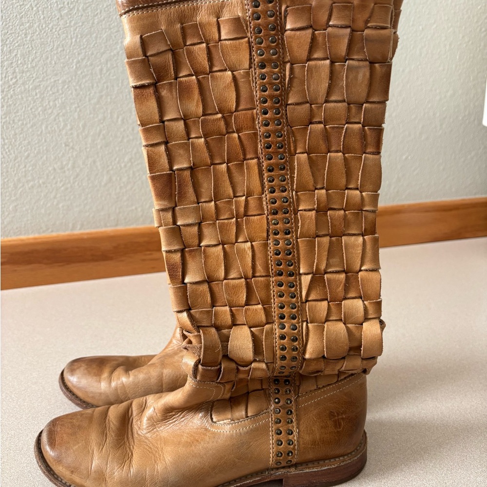 Frye Women's Tan Woven Leather Boots with Studded Detail